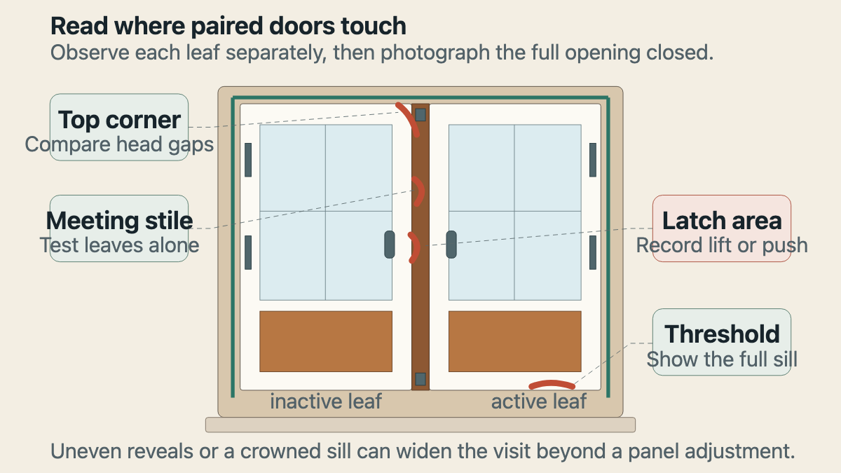Front elevation of paired French doors marking top-corner, meeting-stile, latch, and threshold contact zones