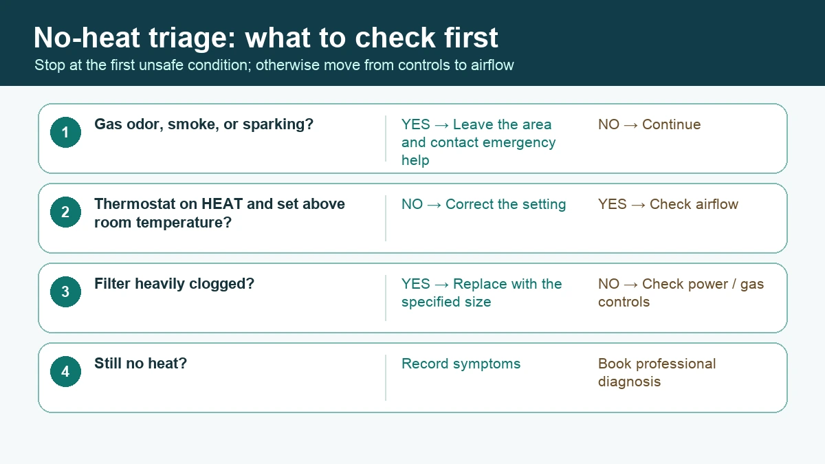Furnace no-heat decision tree covering hazards, thermostat settings, filter condition, controls, and technician escalation.