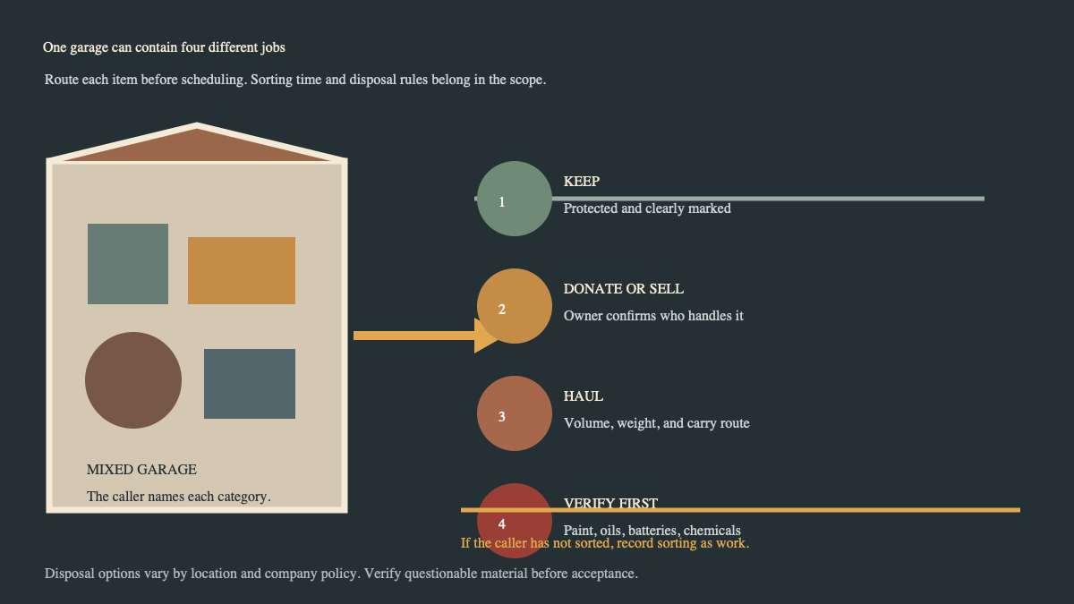 Illustrated garage sorting bay routing items to keep, donate or sell, haul, and verify first