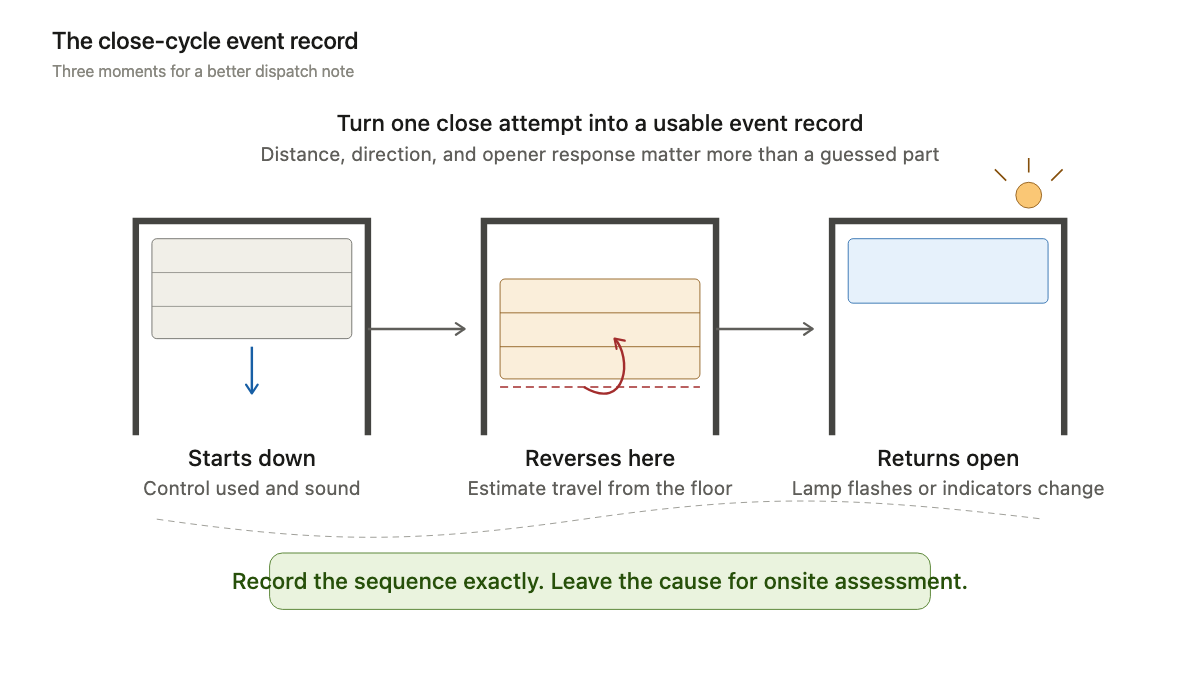 Three-scene garage door close cycle showing downward travel, the reversal point, and return to the open position