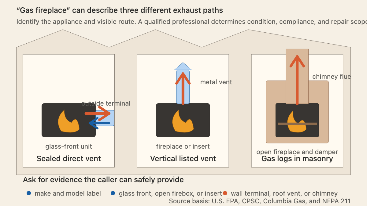 Physical building cutaway comparing a sealed direct-vent fireplace, a vertically vented gas fireplace, and gas logs using a masonry chimney