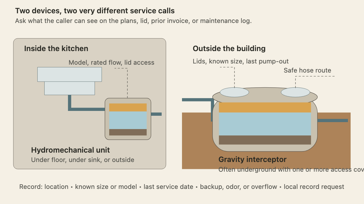 Cutaway comparing an indoor hydromechanical grease trap with an outdoor gravity interceptor