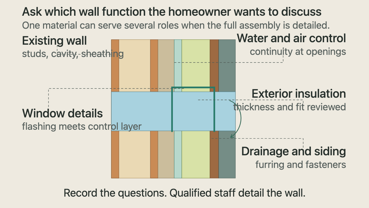 Cutaway exterior wall showing the existing cavity, sheathing, water and air control layer, exterior insulation option, drainage space, siding, and window flashing