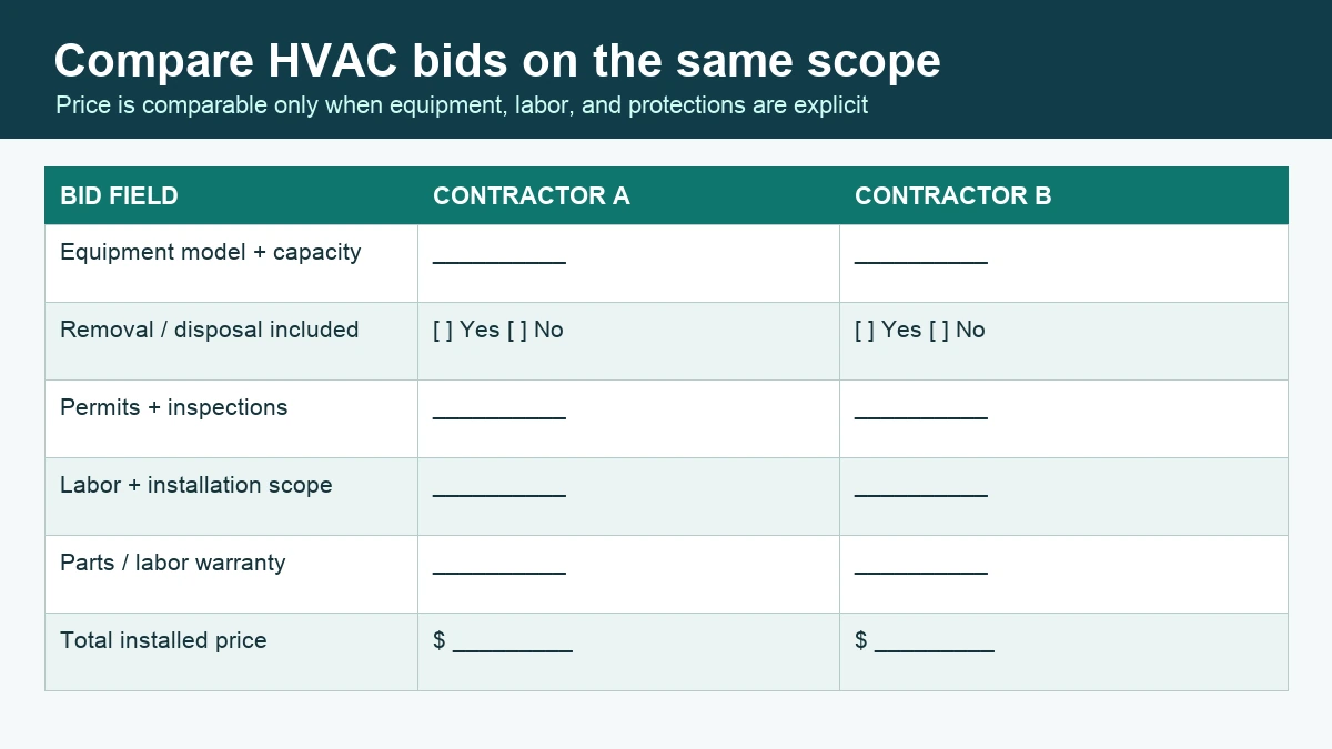Blank comparison worksheet for two HVAC contractor bids covering equipment, disposal, permits, labor, warranty, and total price.