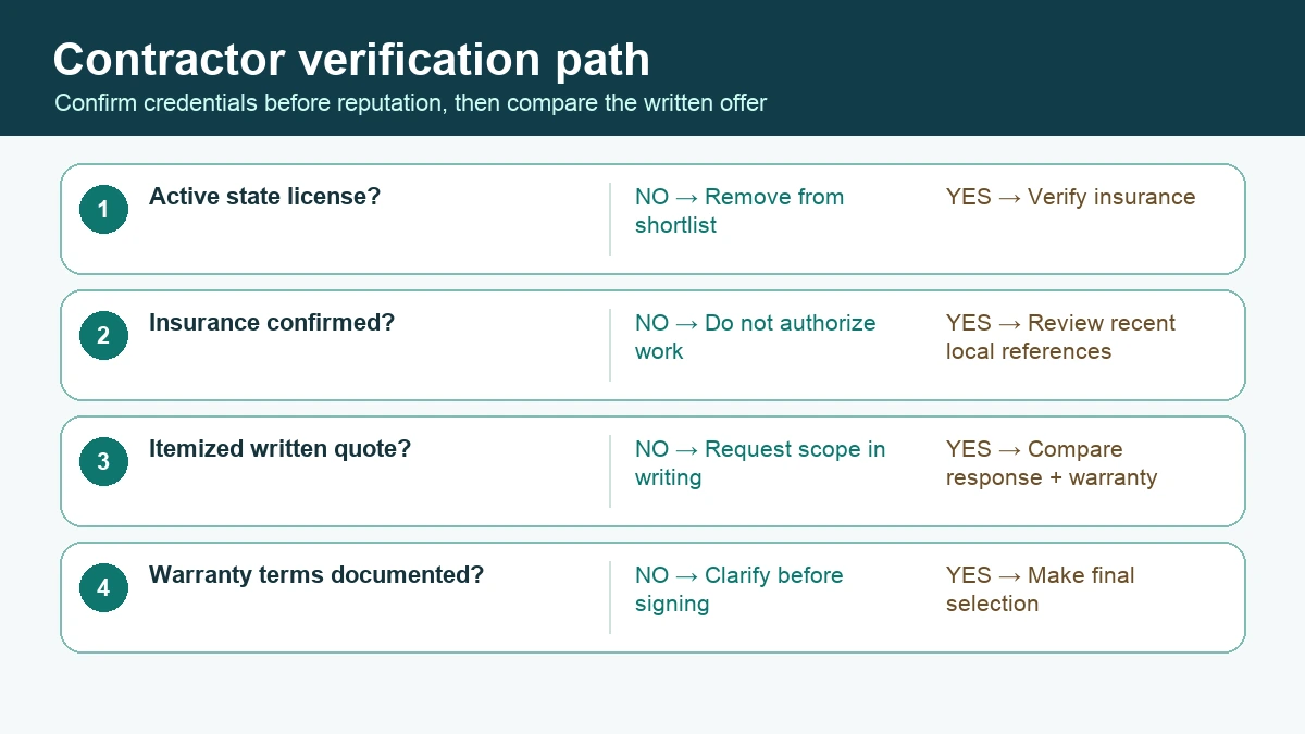 HVAC contractor verification tree for license, insurance, references, written scope, and warranty terms.