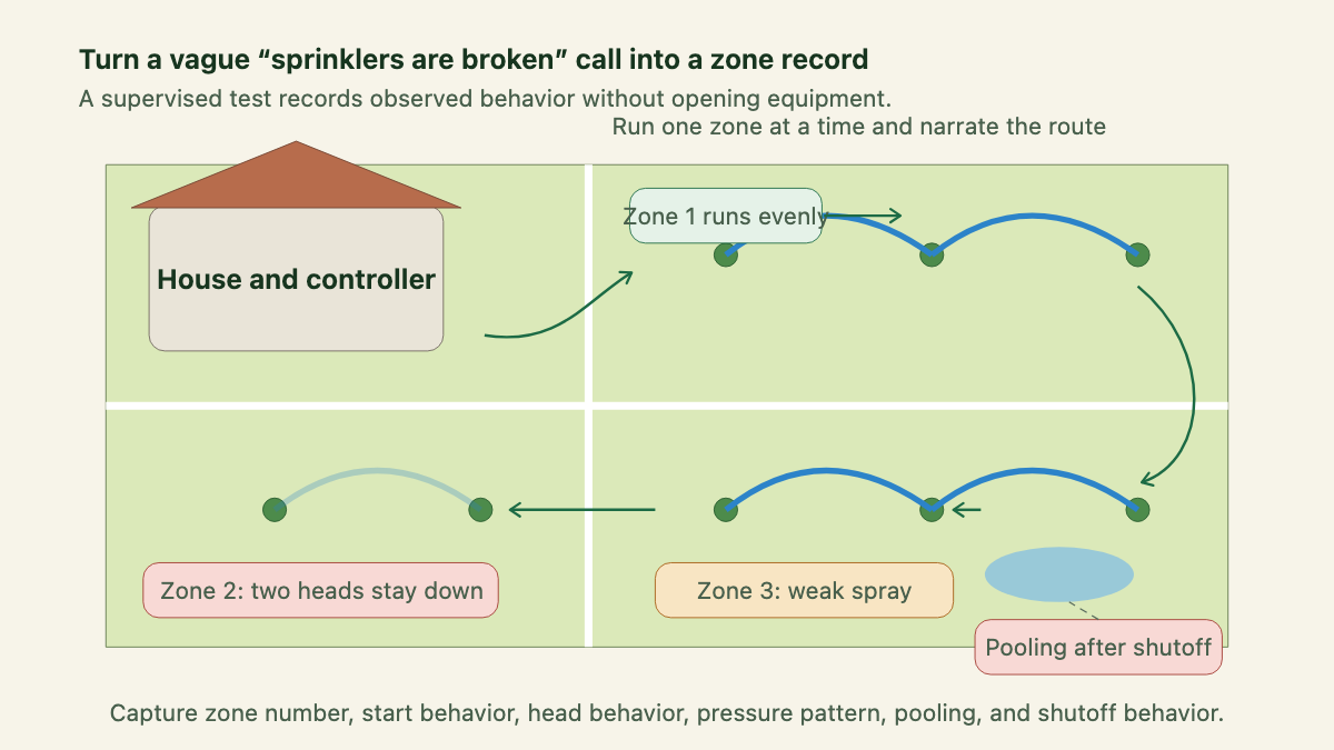 Top-down property map showing a one-zone-at-a-time sprinkler test and recorded symptoms