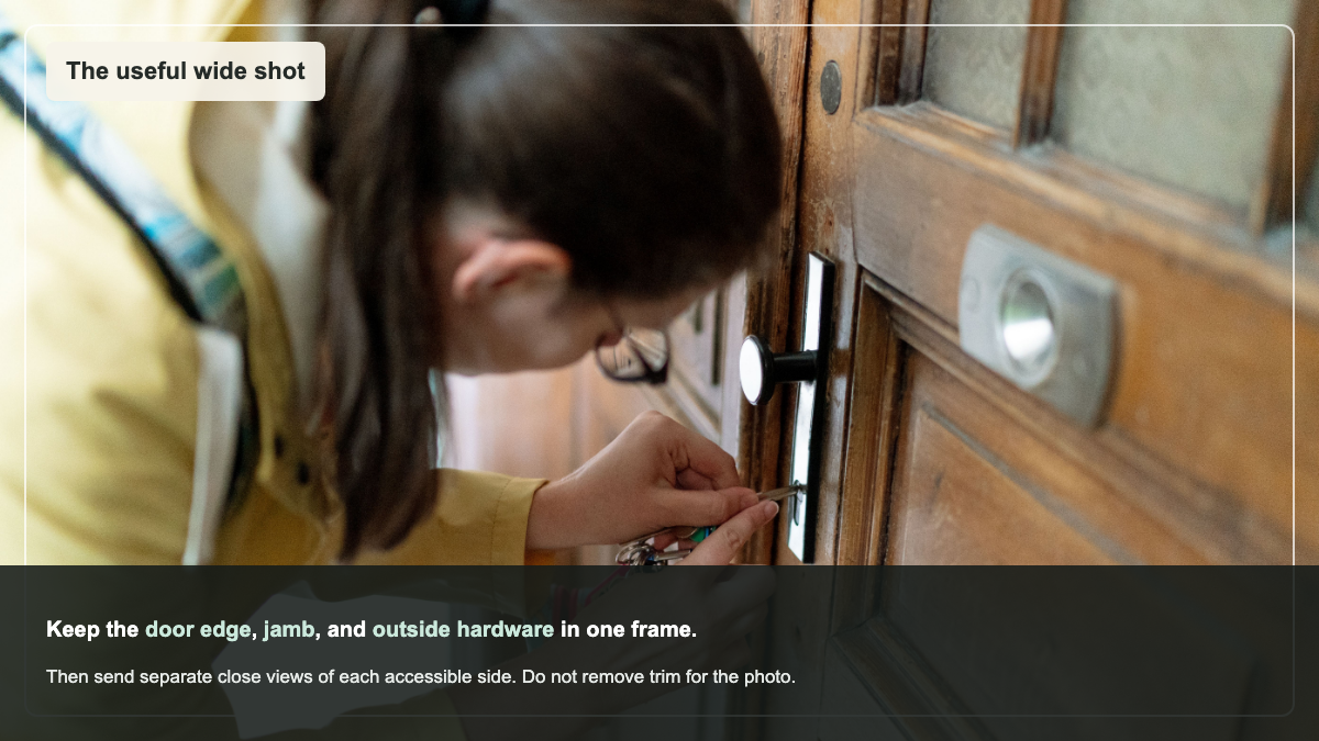 Annotated photograph showing how to frame a useful wide photo of a wooden entry door, jamb, and exterior lock hardware