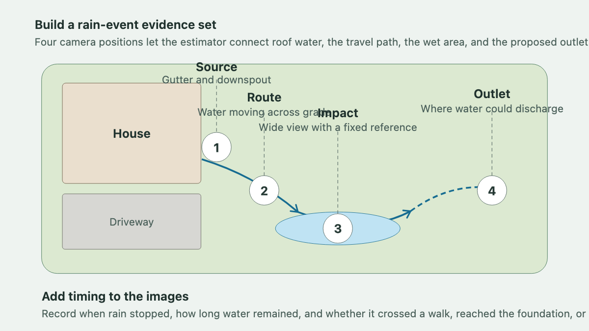 Residential drainage photo map marking the runoff source, route, impact area, and possible outlet