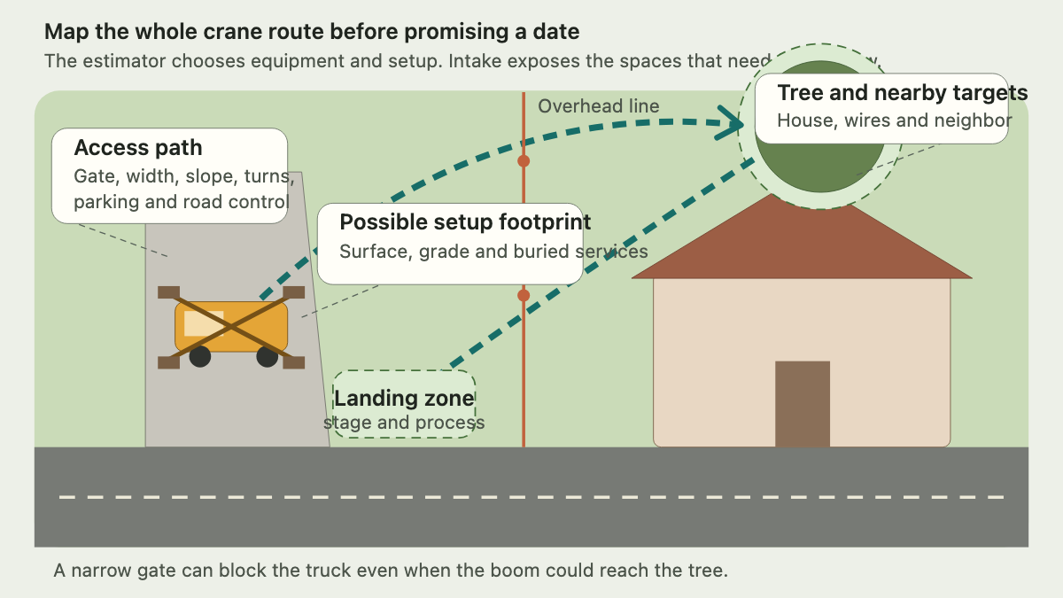 Top-down residential site showing road access, a possible crane footprint, tree, house, overhead line, movement paths, and landing zone