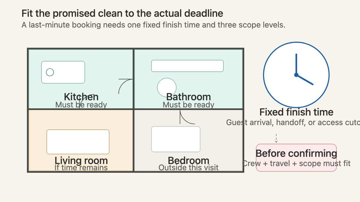 Residential floor plan showing must-do rooms, a conditional room, an excluded room, and a fixed finish-time clock