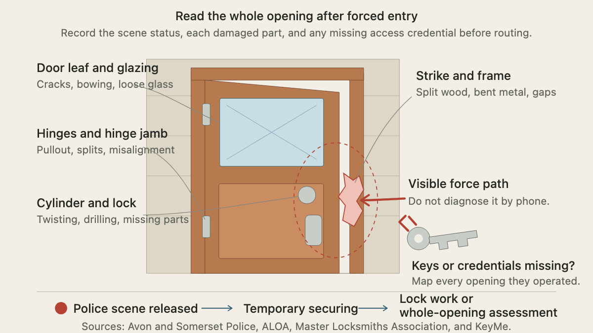 Exterior door diagram labeling the lock, strike, frame, leaf, hinges, glazing, forced-entry damage, and missing-key intake
