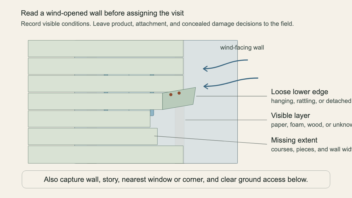 Cutaway of a wind-opened lap-siding wall showing the loose edge, missing courses, visible water-control layer, nearest window, and intake anchors