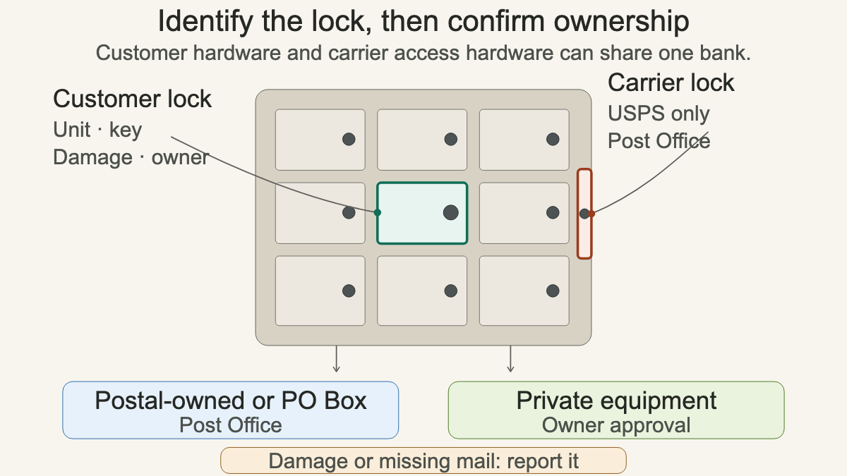 Front elevation of a mailbox bank distinguishing a customer compartment lock from the USPS carrier access lock and showing the correct first contact