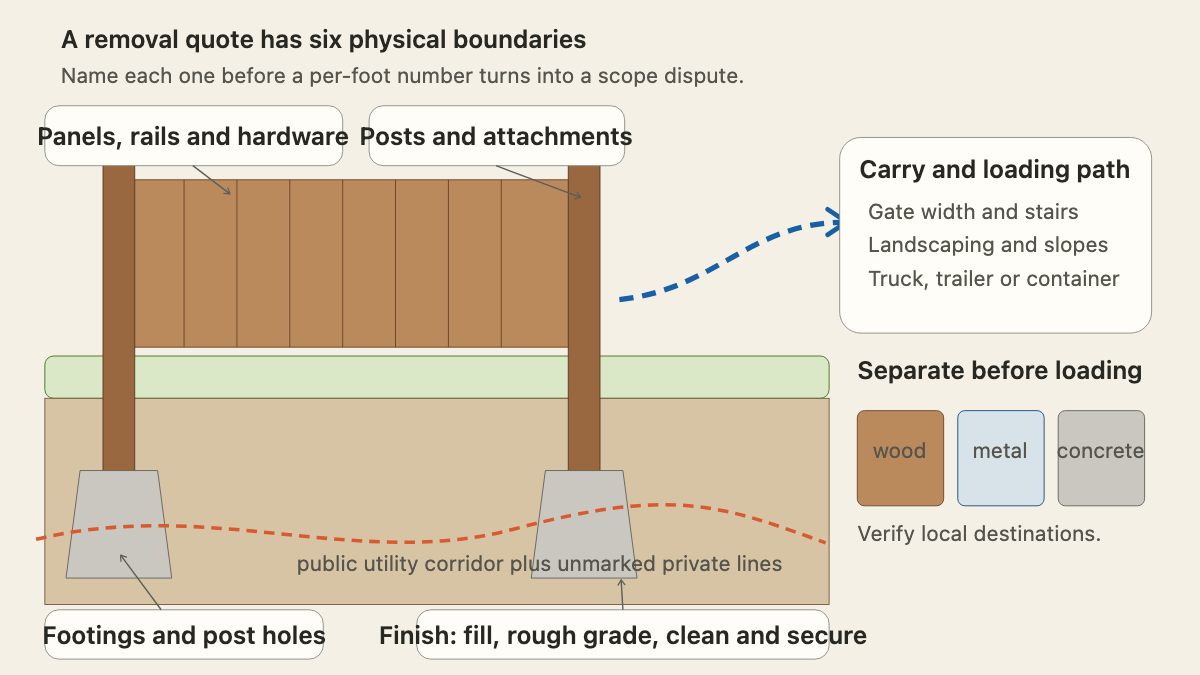 Physical cutaway of an old fence showing panels, posts, concrete footings, underground lines, carry path, material sorting, and finish condition