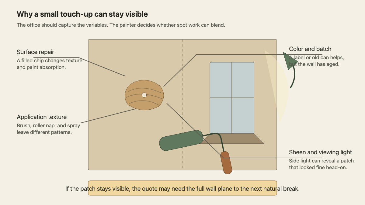 Wall elevation showing a repaired patch, roller texture, window light, and the variables that expose a touch-up