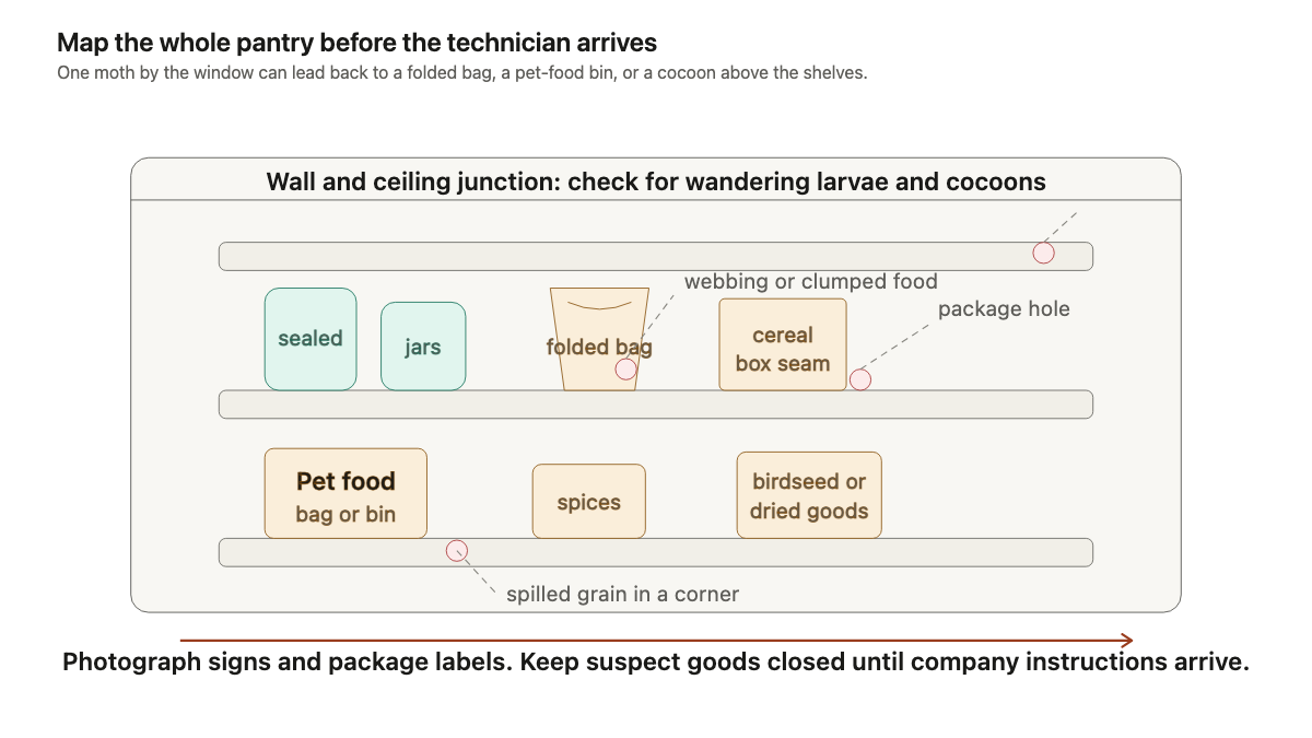Pantry shelf map showing package seams, pet food, birdseed, spilled grain, webbing, and wall-ceiling pupation areas