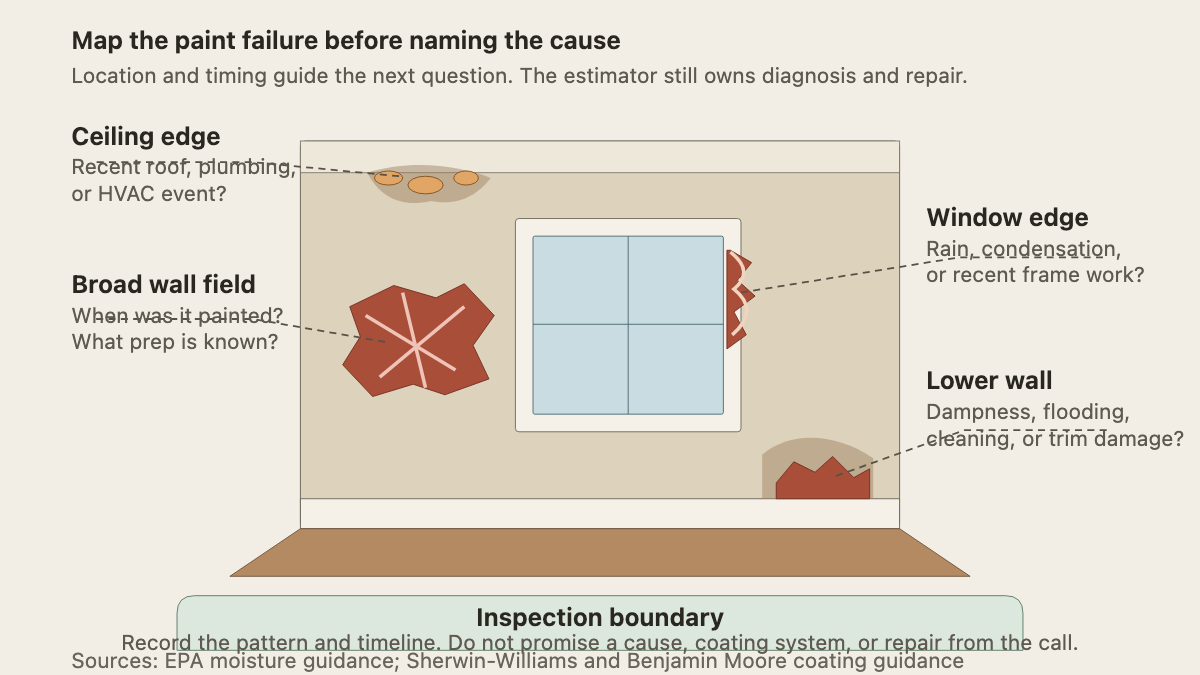 Annotated room wall showing how four paint-failure locations change the next intake question