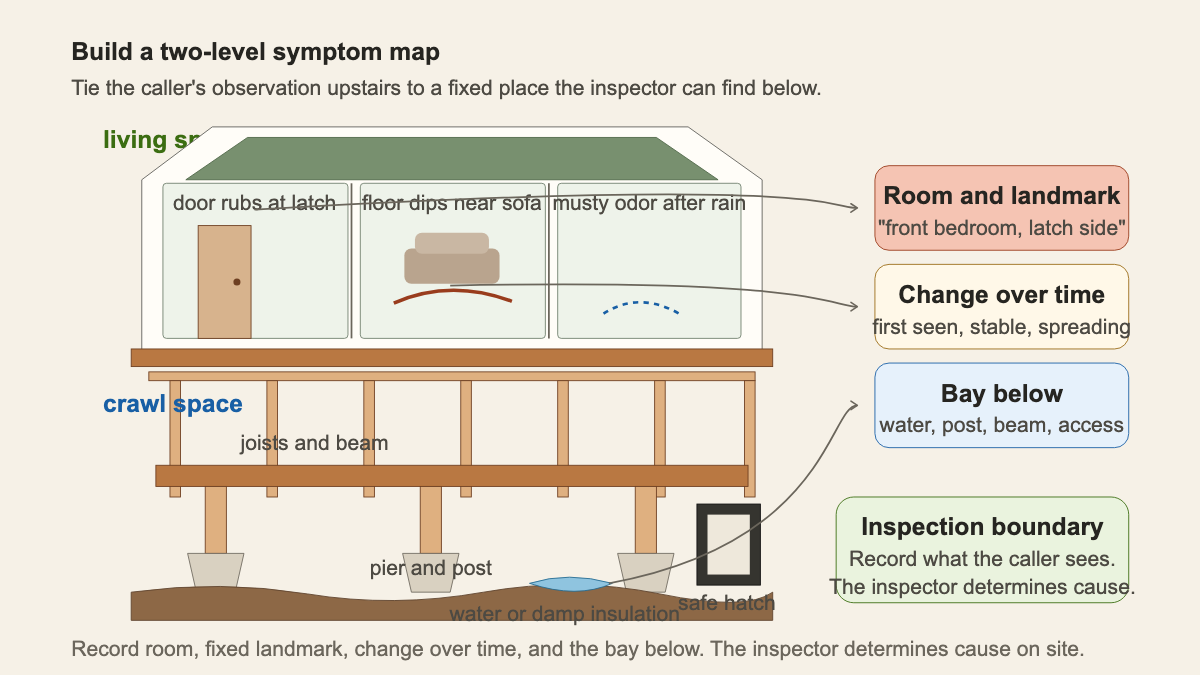 Cutaway pier-and-beam house mapping room symptoms to floor framing and crawl-space inspection zones