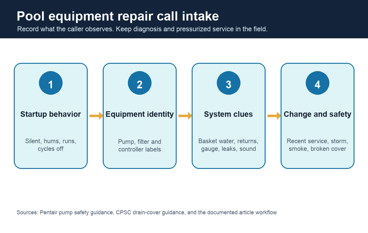 Four-step pool equipment repair call intake path for office staff
