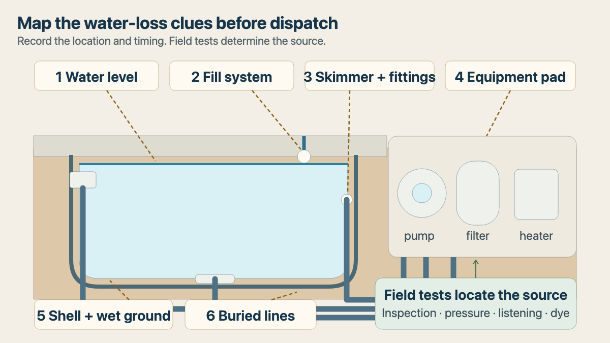 Physical pool-system cutaway mapping water-level, fill, equipment, shell, and surrounding-ground observations before leak detection dispatch