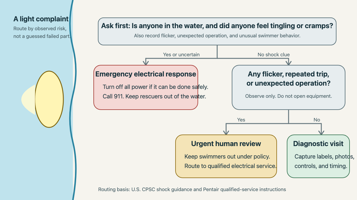 Decision path for emergency, urgent, and routine pool-light call routing