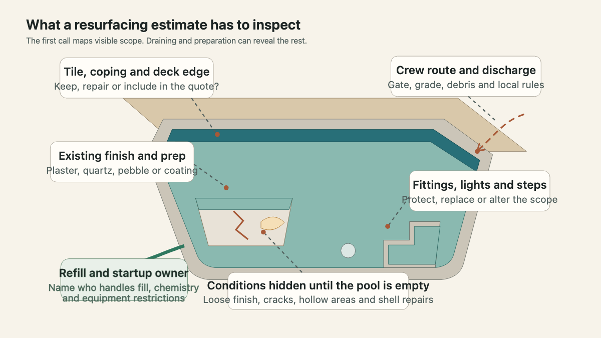 Cutaway of a drained concrete pool showing finish, hidden shell conditions, fittings, waterline work, access, and startup ownership