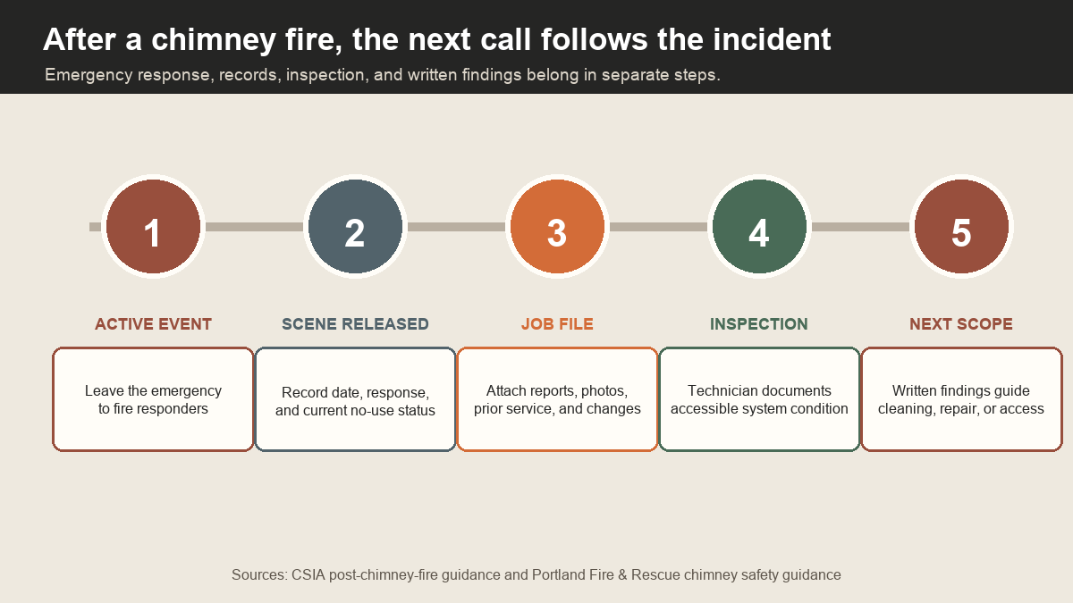 Timeline separating emergency response, scene release, records, inspection, and written post-fire findings
