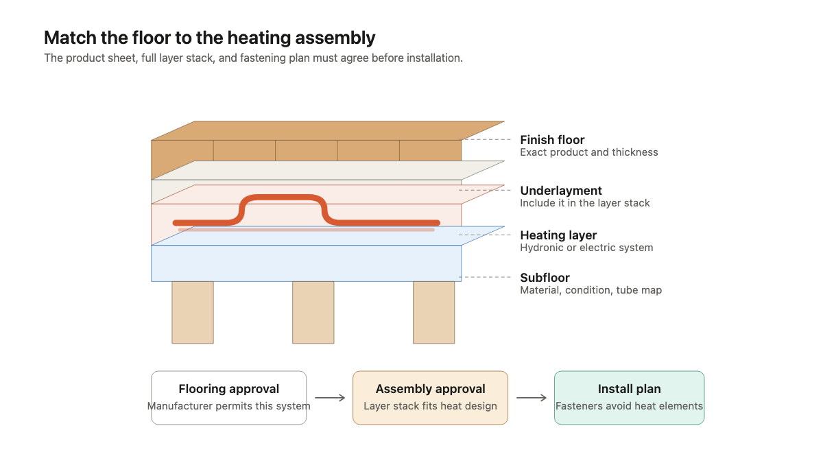 Radiant floor cutaway showing finish flooring, underlayment, heating layer, subfloor, joists, and three required approvals