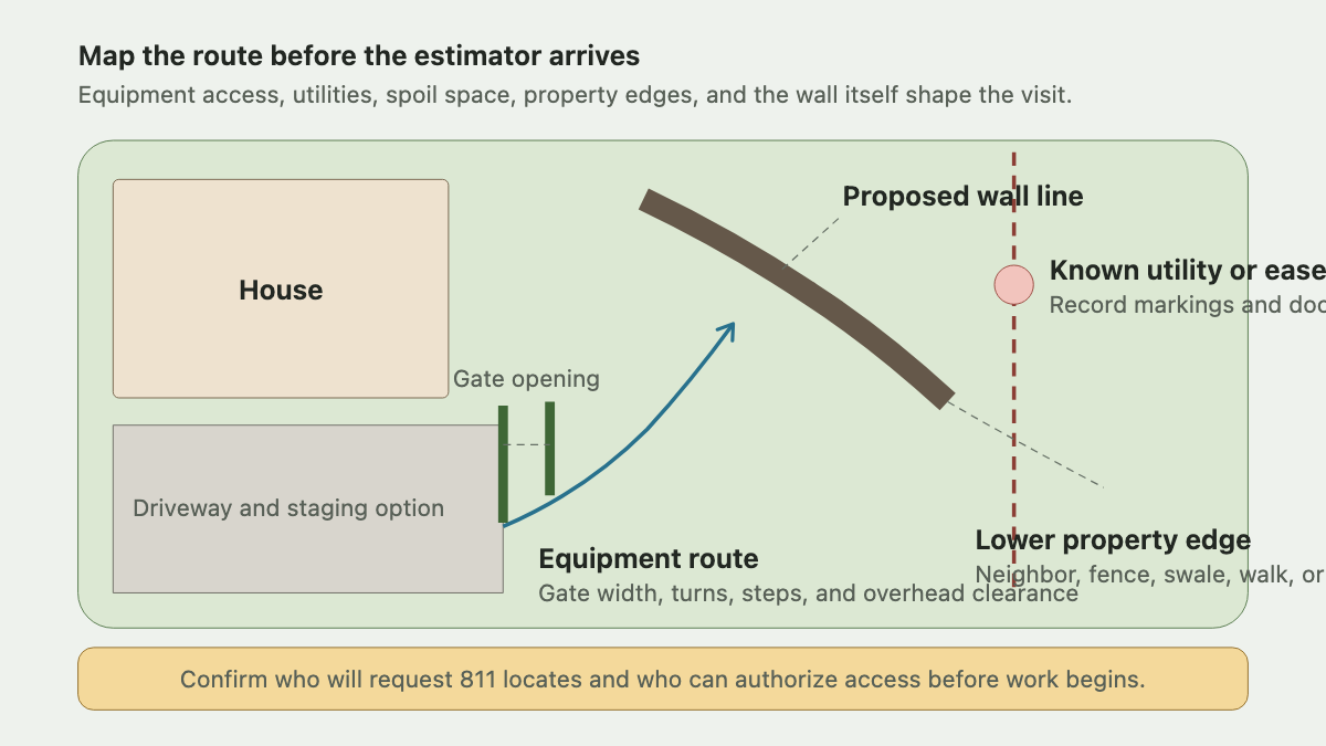 Property access map for a retaining-wall estimate showing driveway, gate, equipment route, utilities, and wall line