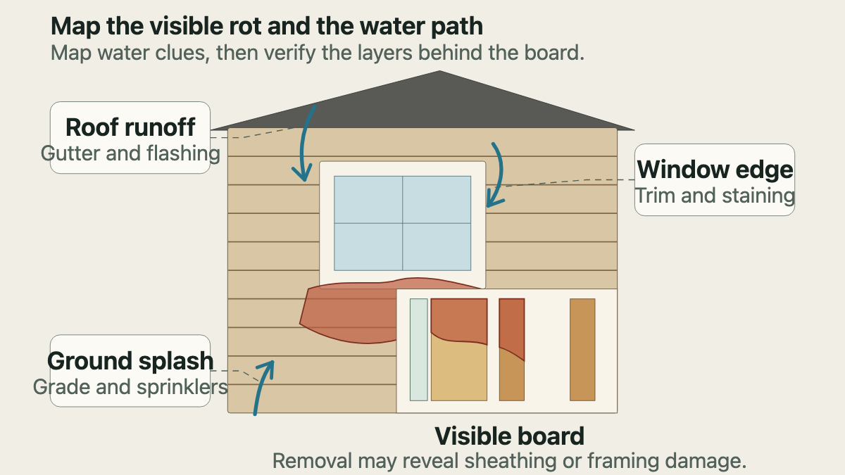 Cutaway wood-sided wall showing visible decay below a window, concealed sheathing and framing, and nearby water paths
