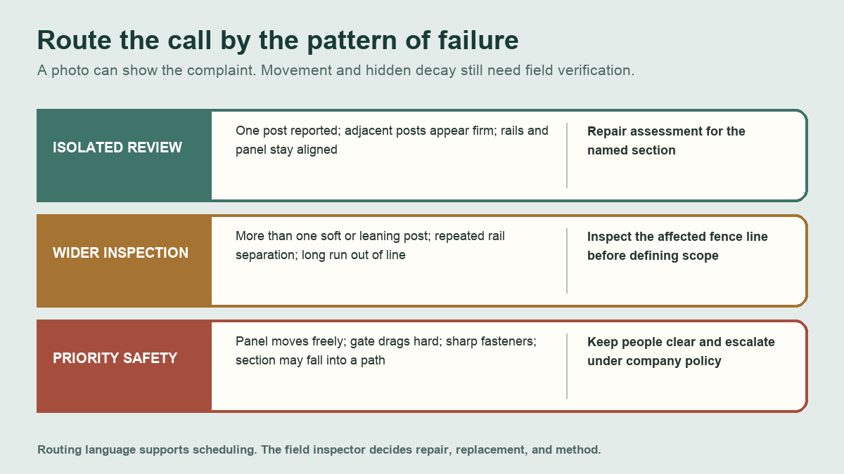 Routing matrix for isolated, repeated, and priority-safety rotten fence post reports