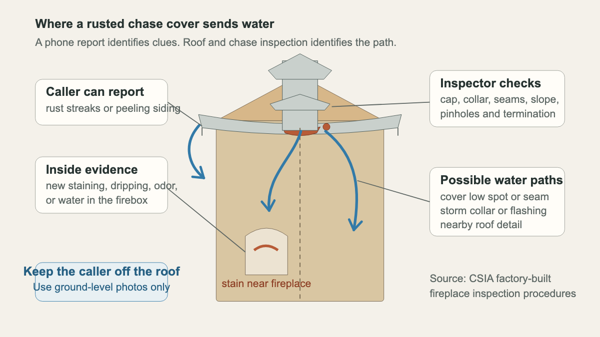 Cutaway of a framed chimney chase showing a sagging rusted cover, chimney pipe, storm collar, water paths and an interior stain