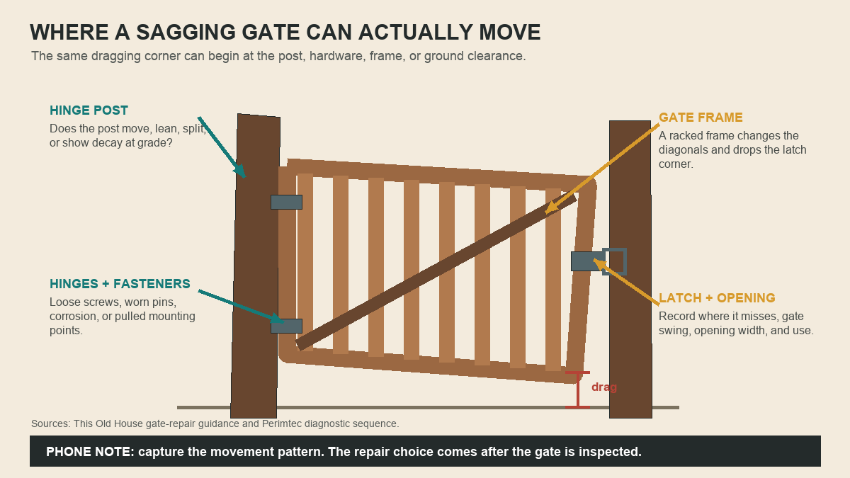 Annotated sagging gate showing post, hinge, frame, latch, and clearance inspection areas