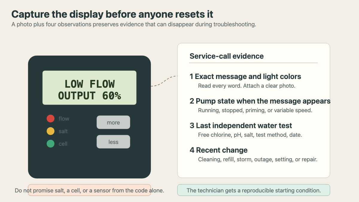 Salt chlorinator control panel beside a service record for display, pump, water test, and recent changes