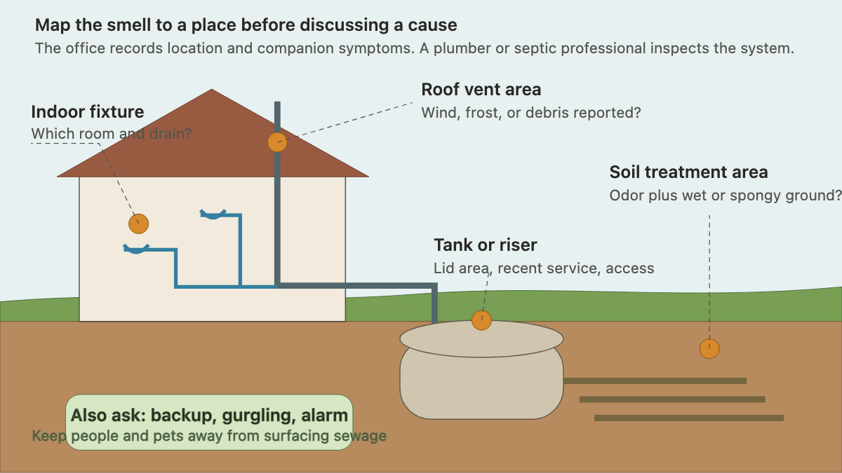 House cutaway showing indoor fixtures, roof vent, septic tank, and soil treatment area as odor-report locations