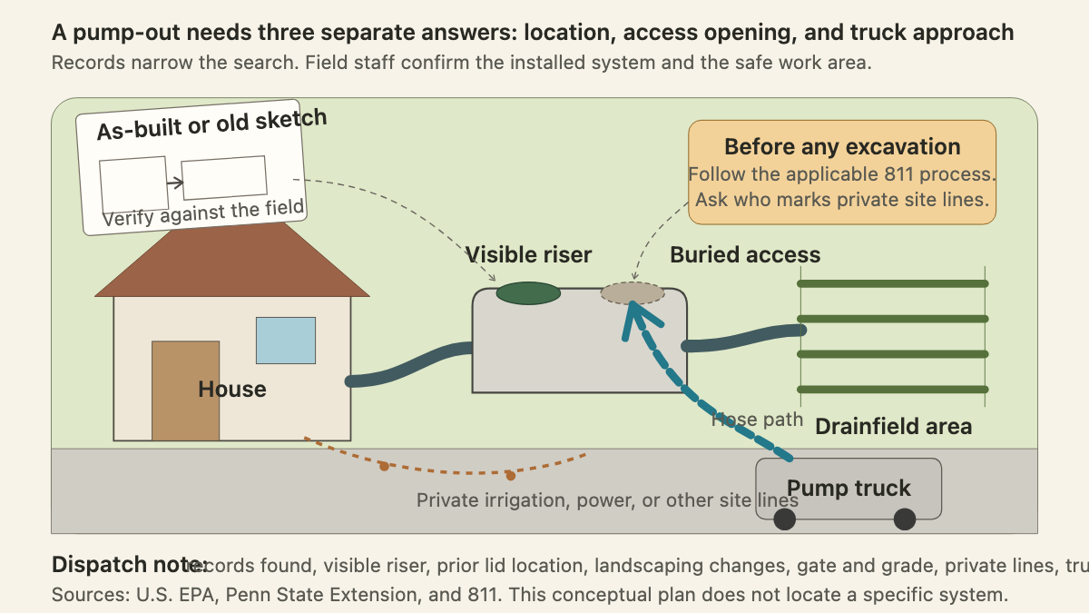 Property plan showing septic records, tank access, private lines, and pump truck approach