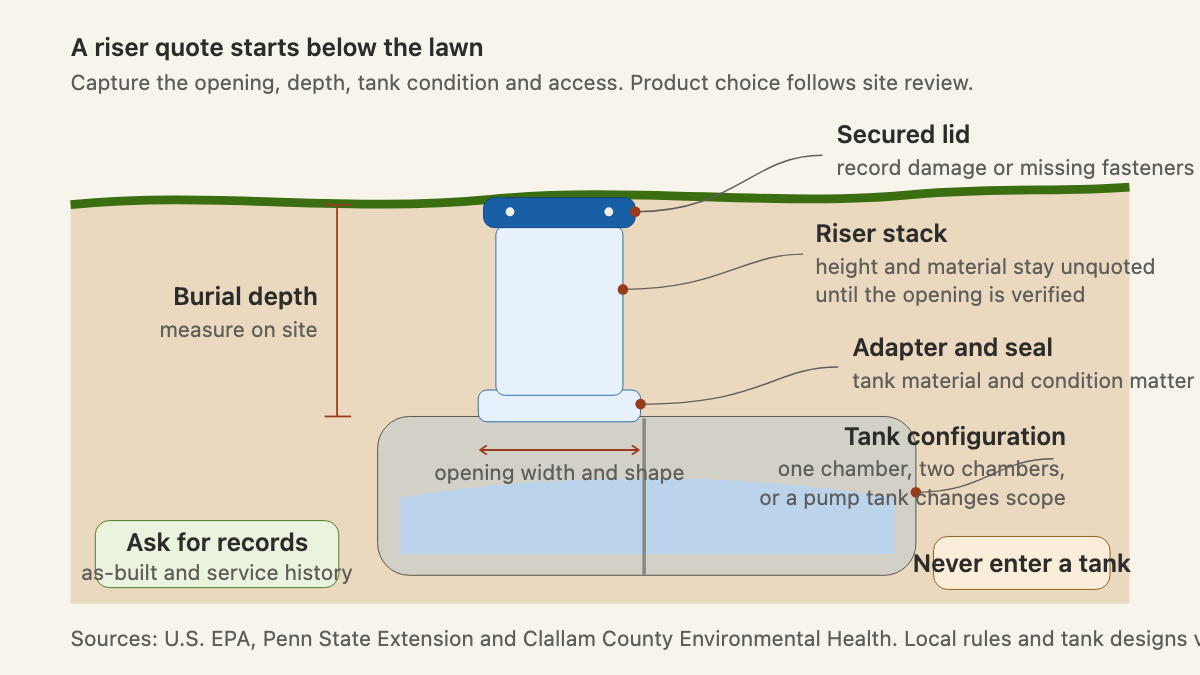Cross-section of a septic tank access riser showing the secured lid, riser stack, adapter, tank opening, burial depth, and tank chambers
