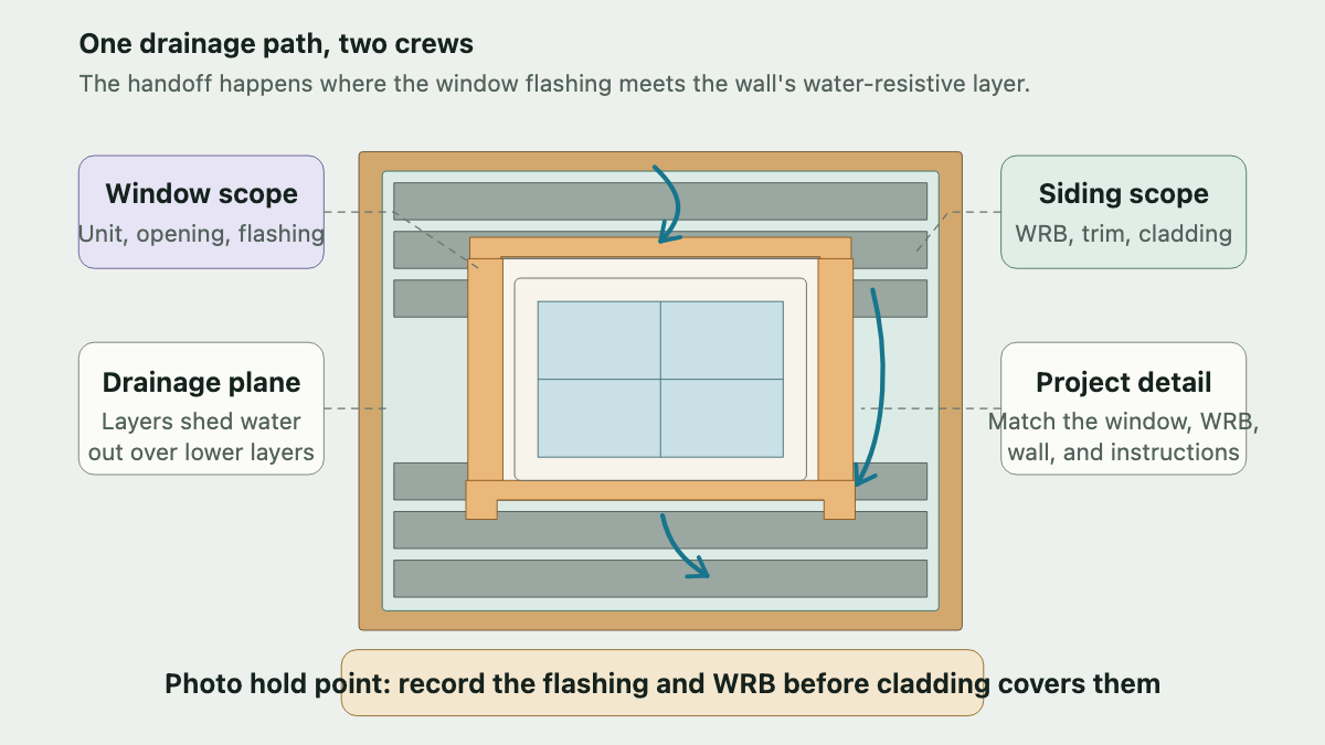 Wall section showing how window flashing connects with the water-resistive barrier, trim, and siding across two contractor scopes