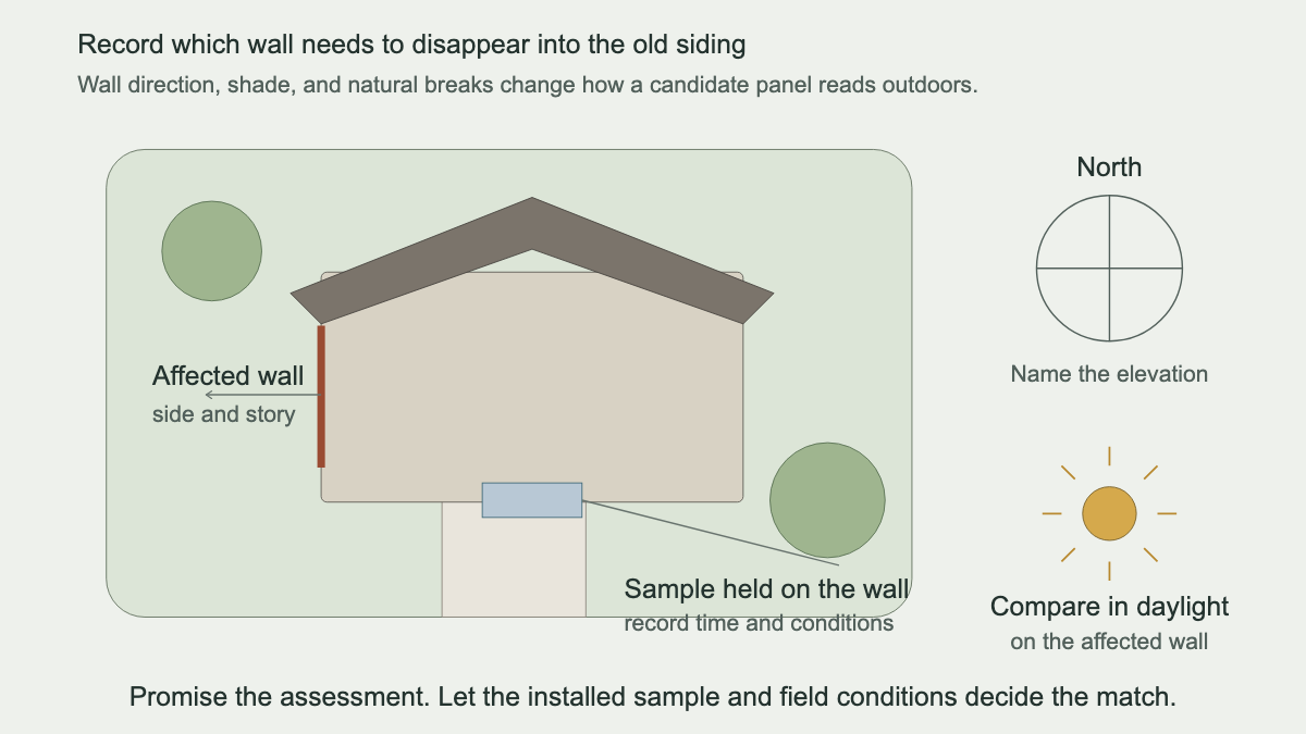 Top-down house plan marking the affected siding wall, sample position, north, and daylight comparison