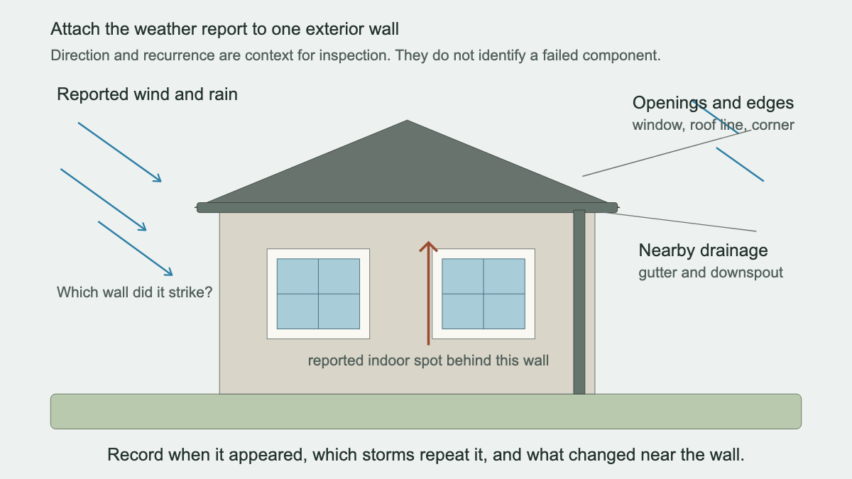 House elevation showing wind-driven rain, windows, roof edge, downspout, and the reported indoor moisture location