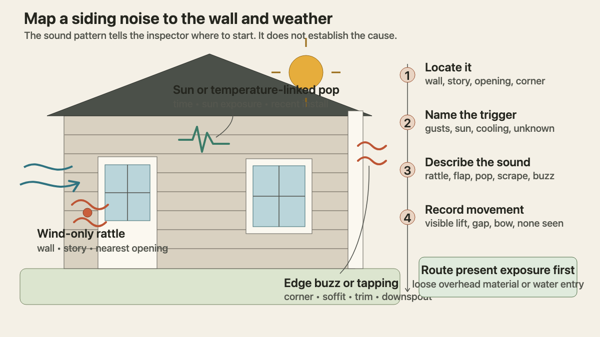 House elevation mapping wind rattles, temperature-linked pops, and trim-edge buzzing to siding inspection intake details