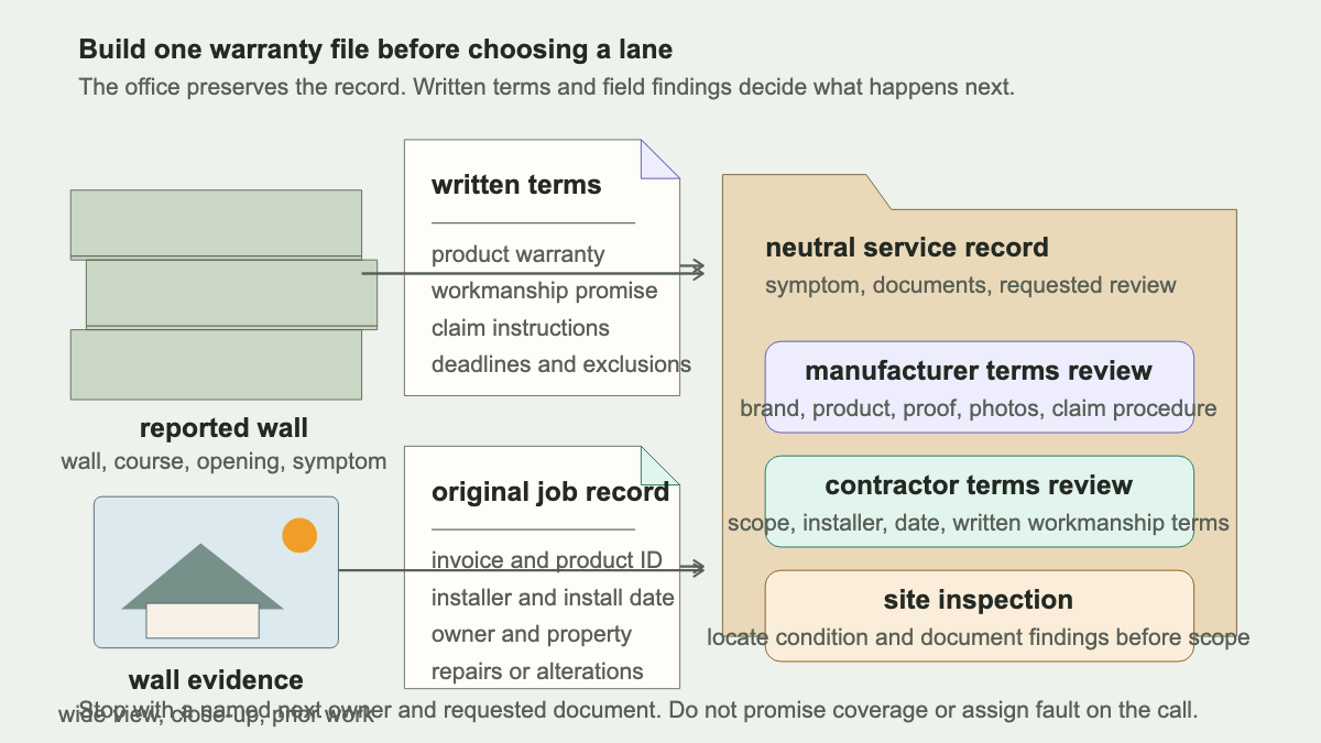 Siding warranty claim folder map connecting written terms, job records, and wall evidence to manufacturer review, contractor review, or site inspection