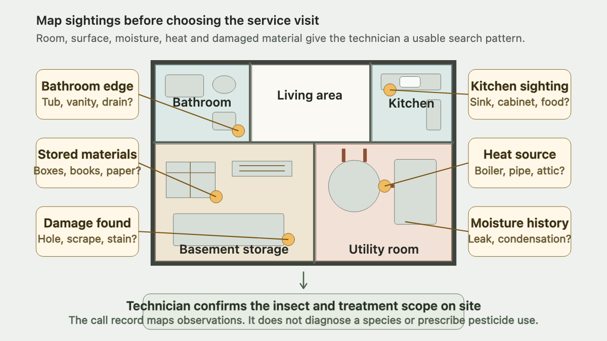 Home floor plan linking silverfish sightings in bathroom, kitchen, storage and utility areas to intake questions