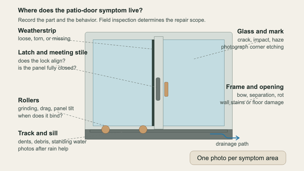 Sliding patio door assembly labeling rollers, track, latch, weatherstrip, glass, frame, sill, and drainage path