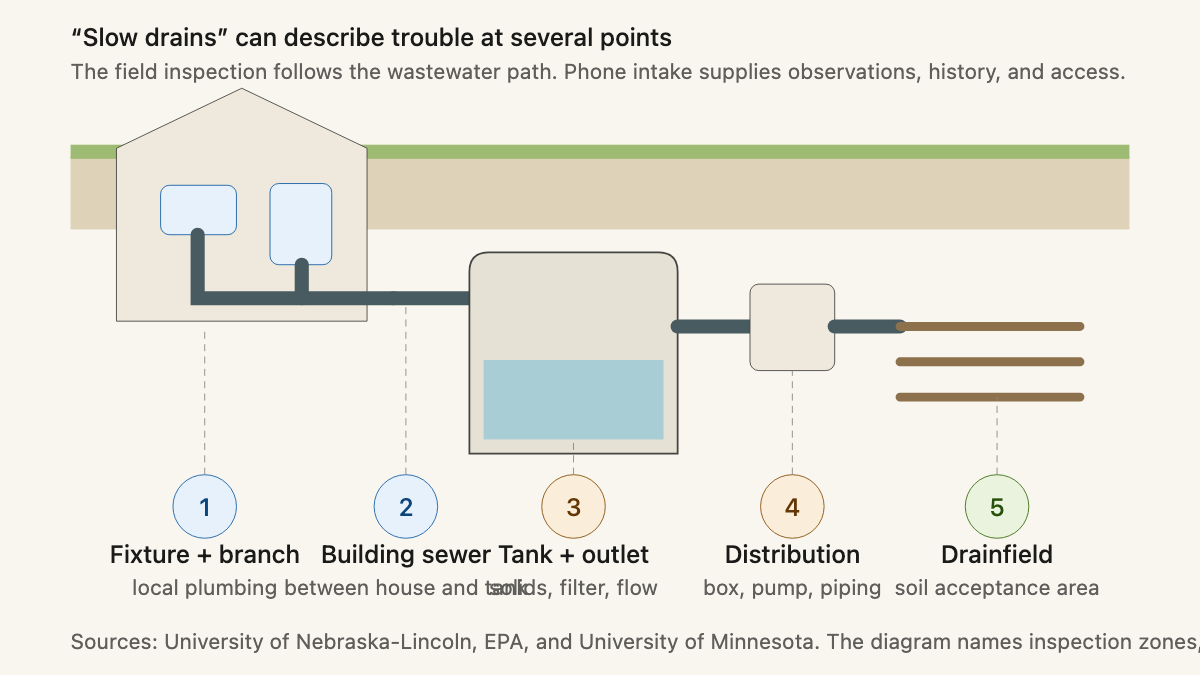 Cutaway tracing wastewater from house fixtures through the building sewer, septic tank, distribution, and drainfield