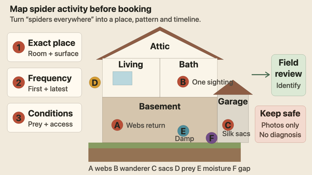 Cutaway house map connecting spider sightings, recurring webs, egg sacs, prey insects, moisture, clutter, entry gaps, and room access to service intake