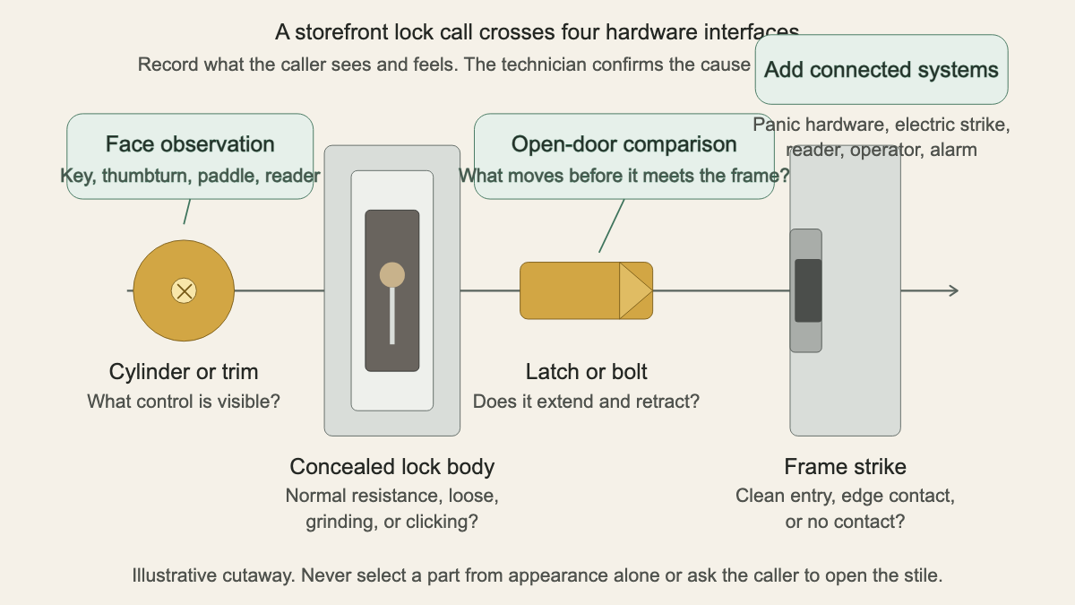 Exploded narrow-stile storefront hardware map showing outside trim, concealed lock body, latch or bolt, and frame strike