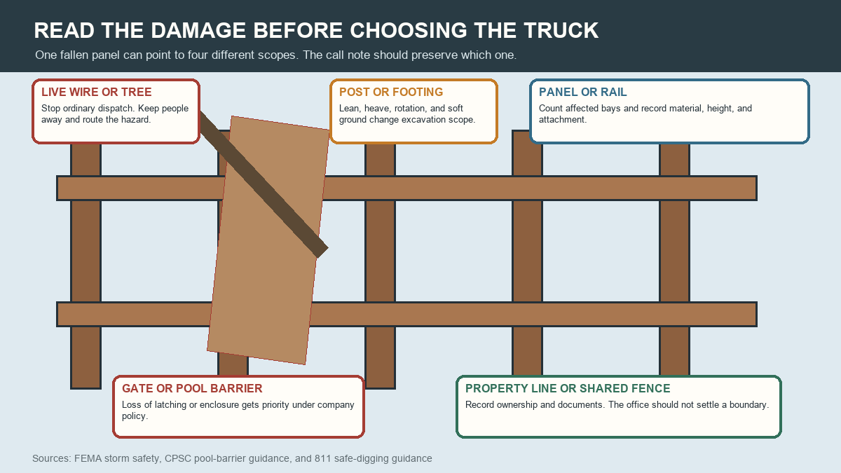 Annotated damaged fence separating wire and tree hazards, posts, panels, gates, and shared-boundary issues