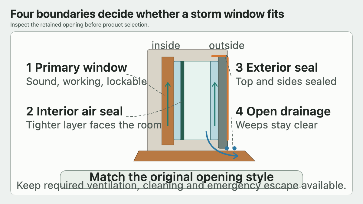 Window section showing primary sash, storm panel, air seal, exterior seal, sill drainage, and operation checks
