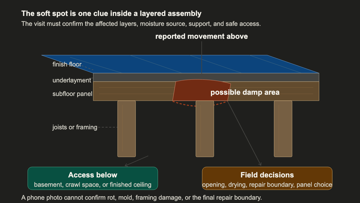 Floor cutaway separating finish, underlayment, subfloor panel, joists, damp area, access below, and field decisions